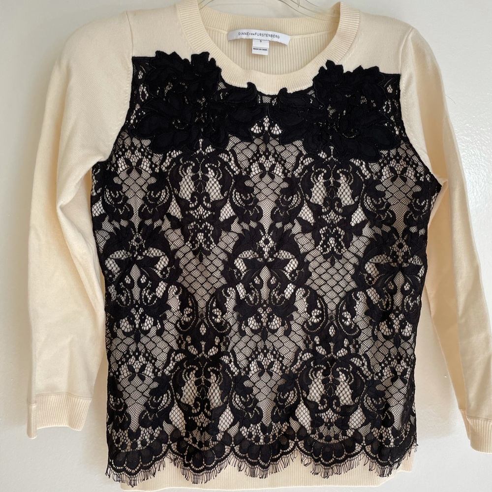 Diane Von Furstenberg Ivory Lace Overlay Sweater